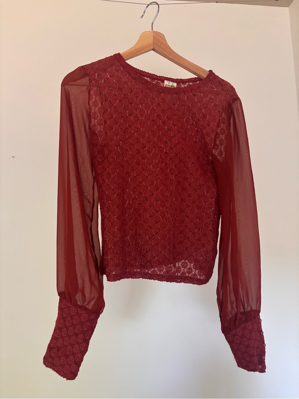 Free People Burgundy Lace & Sheer Long Sleeve Blouse